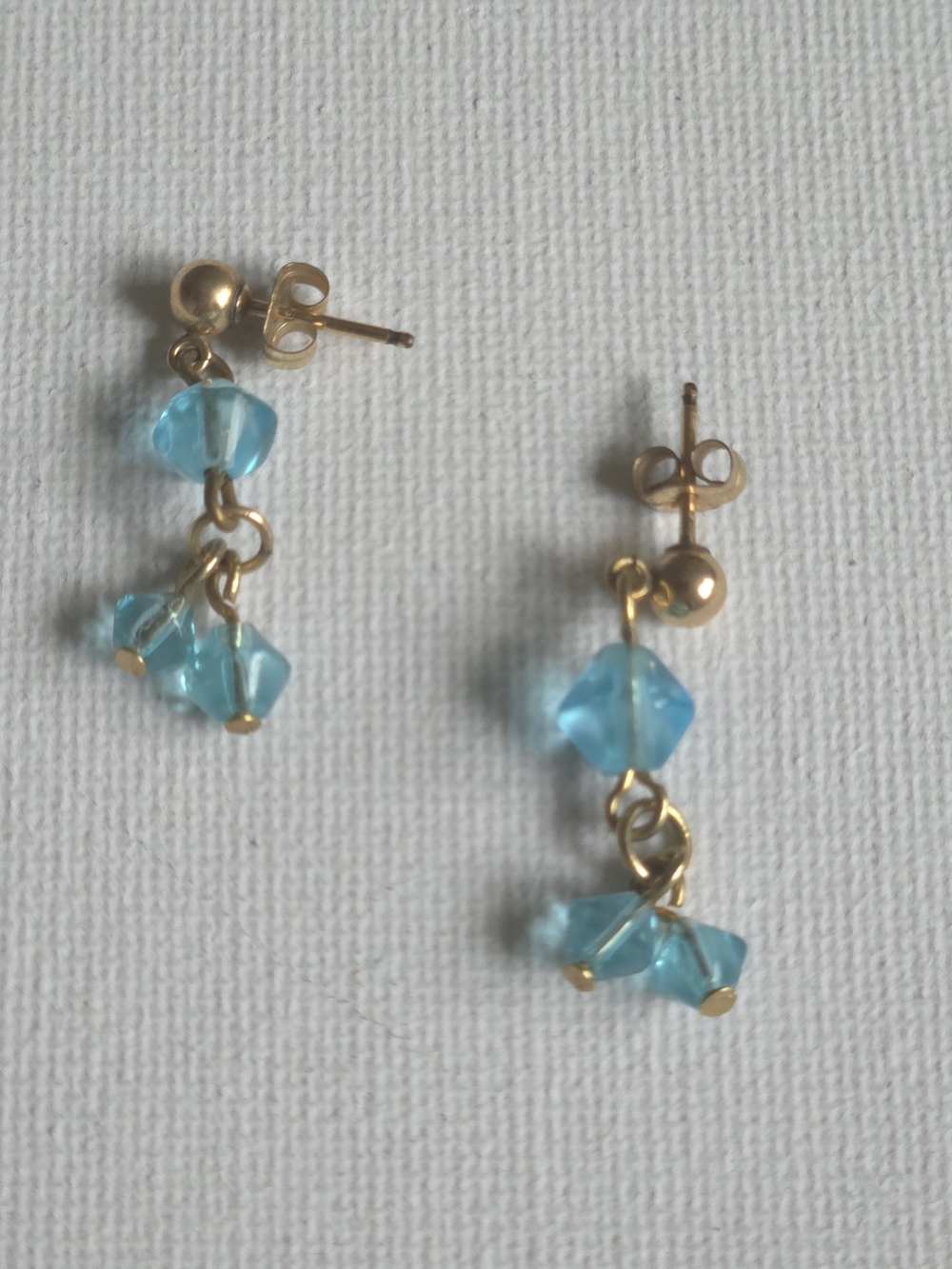 Dainty Aqua Blue Crystal Drop Earrings Gold Tone Faceted Glass Bicone Bead Studs